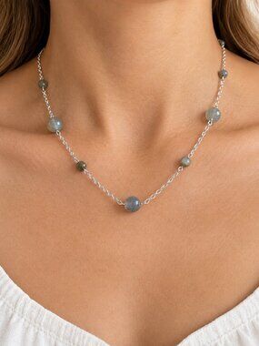 Handmade Silver Plated Labradorite Necklace, Natural Gemstone Beaded Necklace
